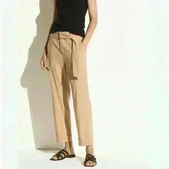 Vince Belted Stretch Linen Cropped Paperbag Trousers | Size L - Picture 1 of 10